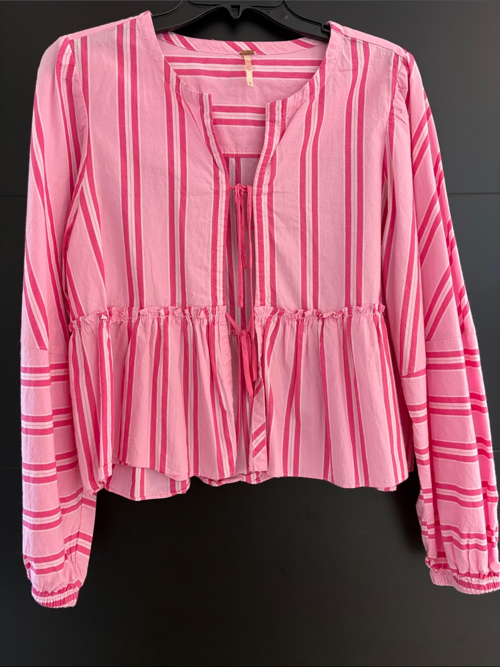 Free People Pink Striped Peplum Tie-Front Brunch Babe Blouse